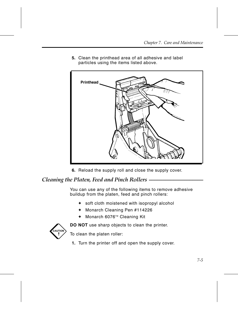 Cleaning the platen, feed and pinch rollers 7-5 | Avery Dennison 6030 Operator Handbook User Manual | Page 53 / 92