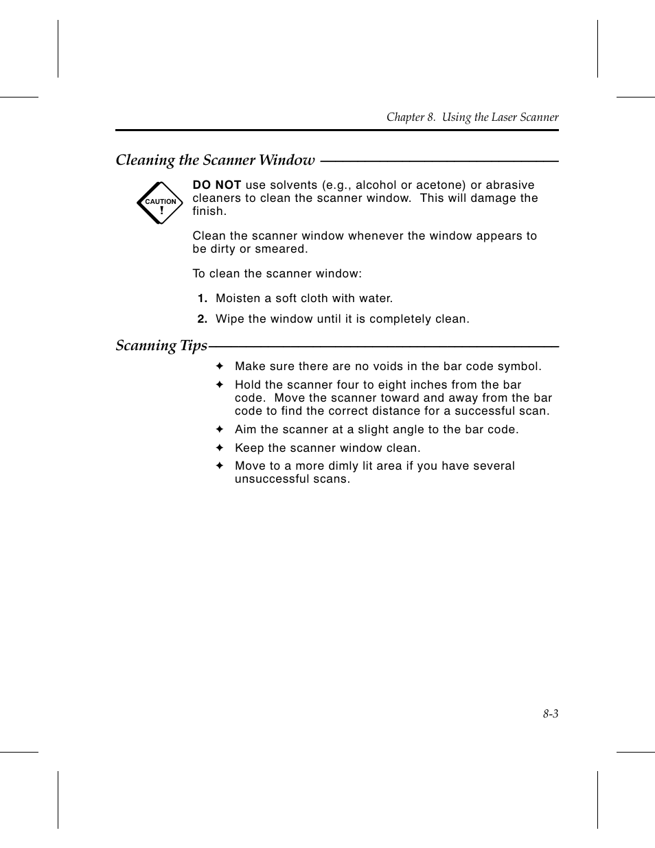 Cleaning the scanner window 8-3, Scanning tips 8-3 | Avery Dennison 6030 Operator Handbook User Manual | Page 61 / 92