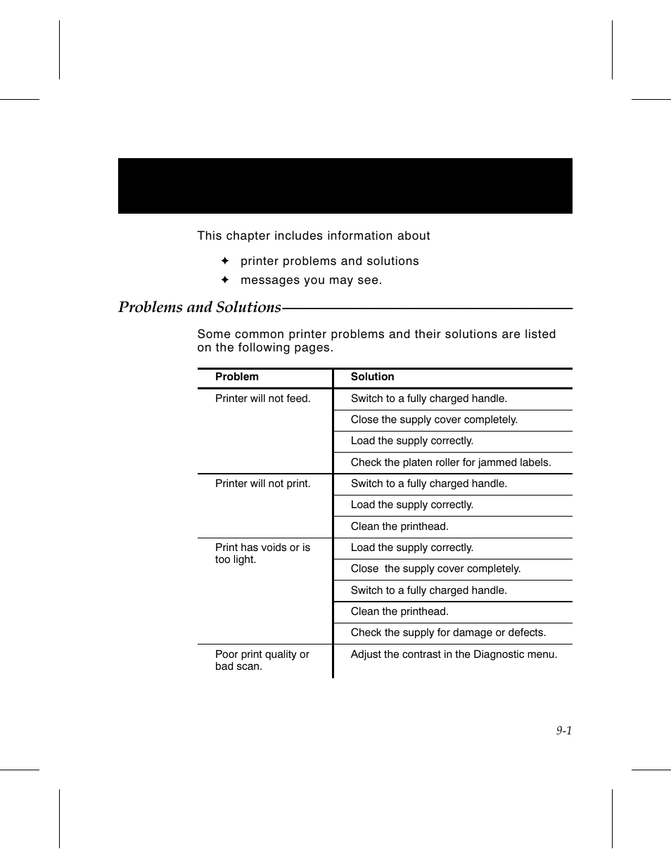 Chapter 9. troubleshooting 9-1, Problems and solutions 9-1, Chapter 9. troubleshooting | Problems and solutions | Avery Dennison 6030 Operator Handbook User Manual | Page 63 / 92