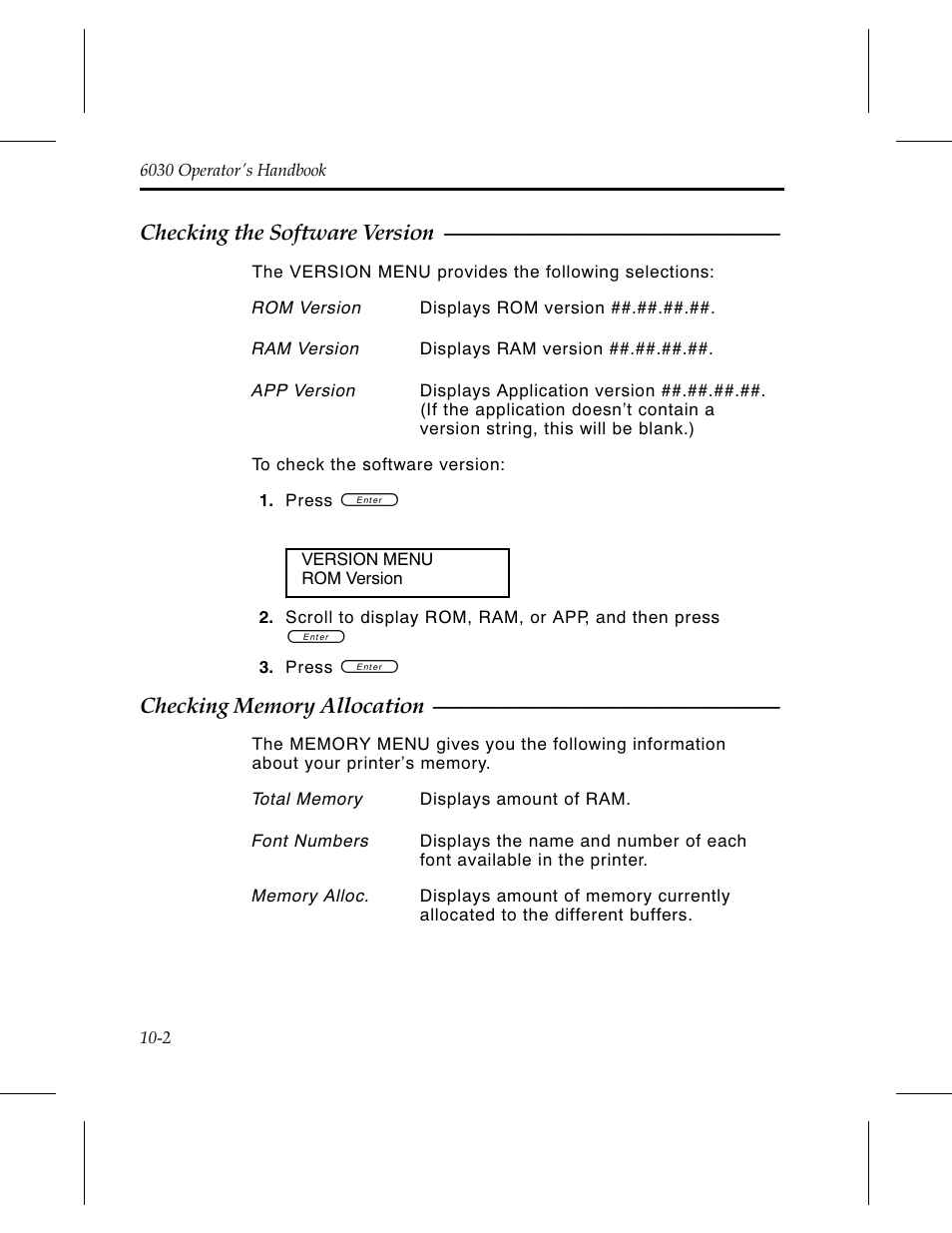 Checking the software version 10-2, Checking memory allocation 10-2, Checking the software version | Avery Dennison 6030 Operator Handbook User Manual | Page 68 / 92