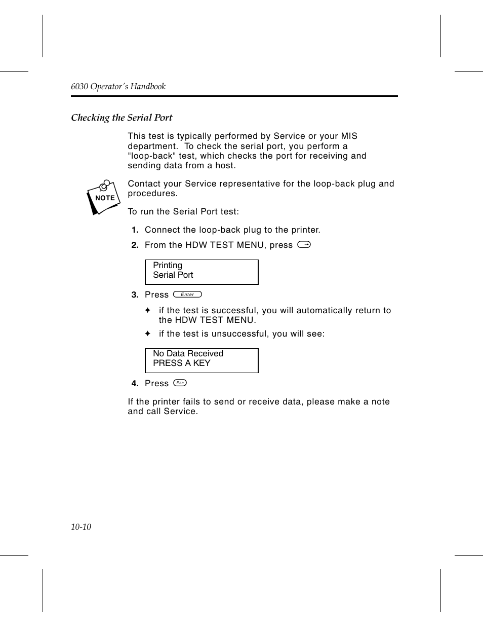 Checking the serial port 10-10 | Avery Dennison 6030 Operator Handbook User Manual | Page 76 / 92