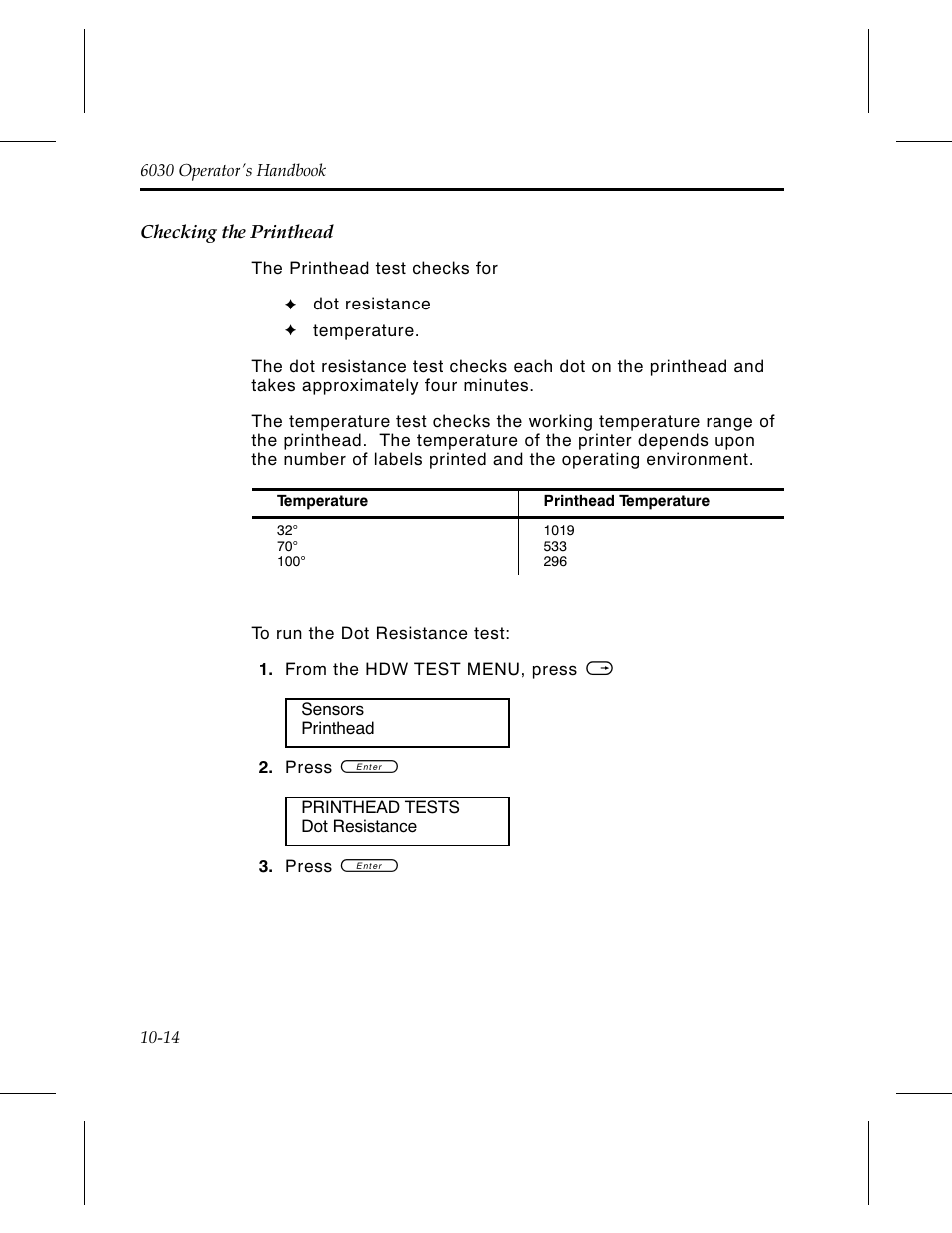 Checking the printhead 10-14 | Avery Dennison 6030 Operator Handbook User Manual | Page 80 / 92