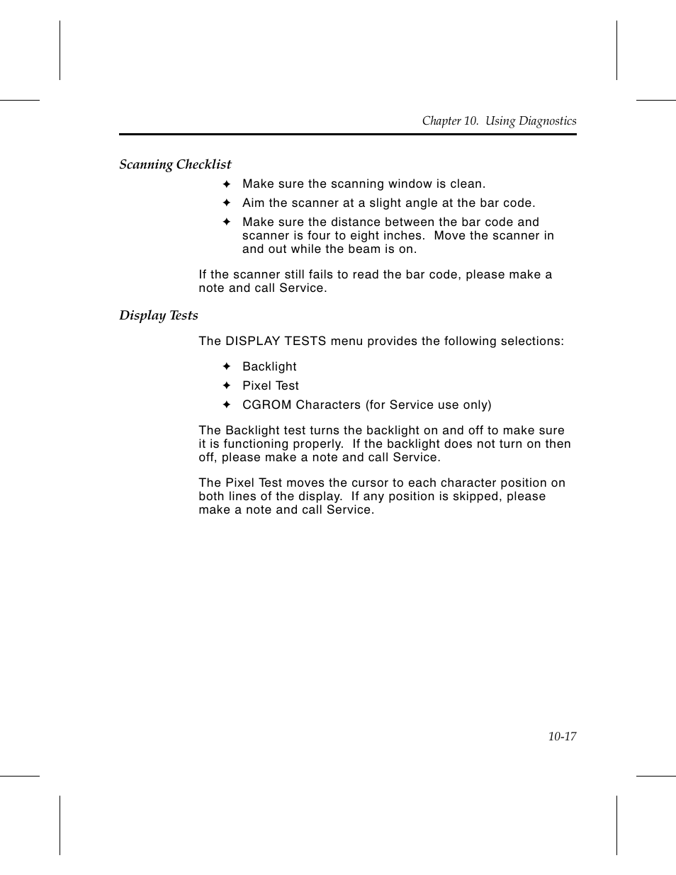 Scanning checklist 10-17, Display tests 10-17 | Avery Dennison 6030 Operator Handbook User Manual | Page 83 / 92