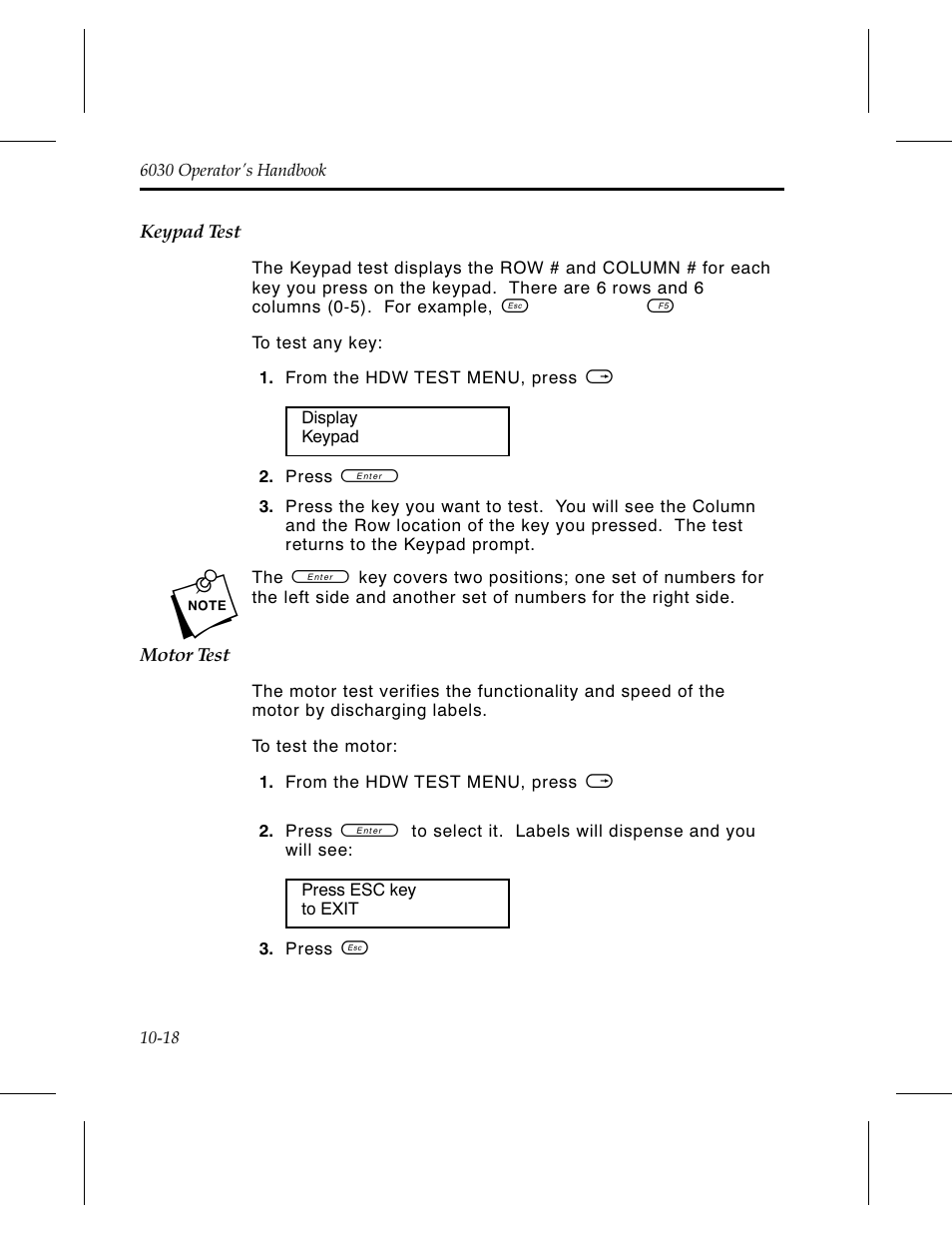 Keypad test 10-18, Motor test 10-18 | Avery Dennison 6030 Operator Handbook User Manual | Page 84 / 92
