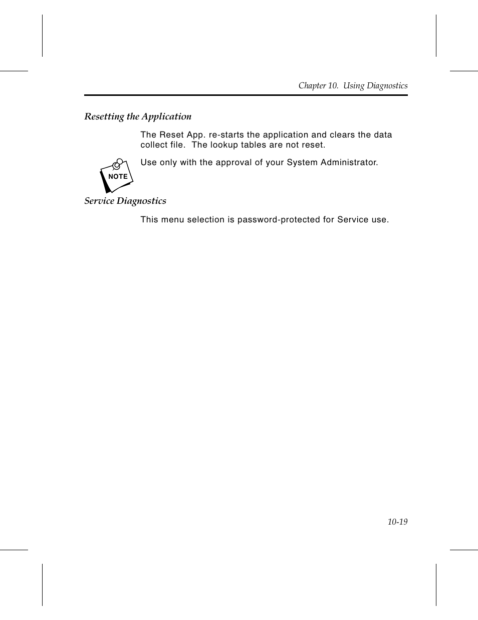 Resetting the application 10-19, Service diagnostics 10-19 | Avery Dennison 6030 Operator Handbook User Manual | Page 85 / 92