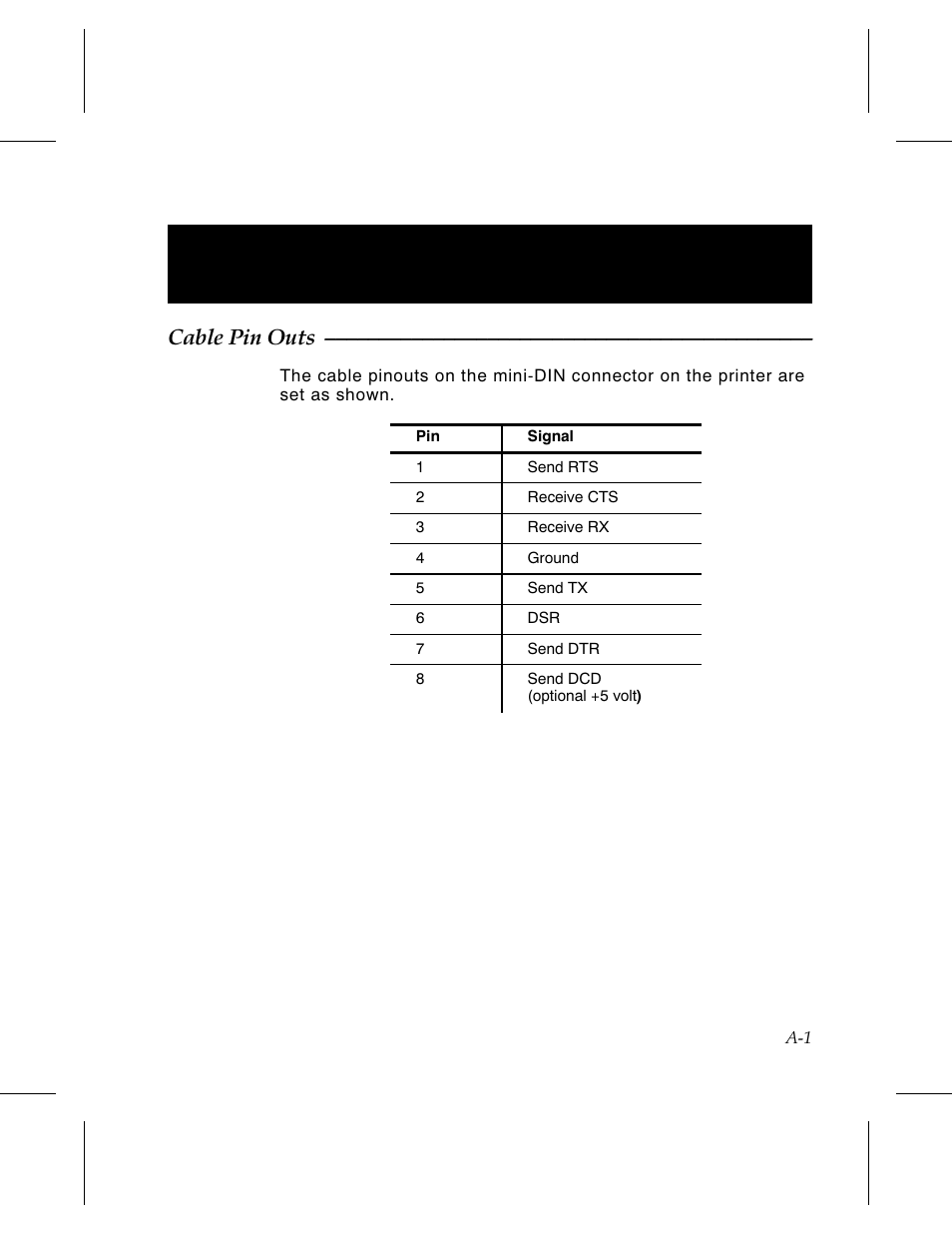 Appendix a. reference information a-1, Cable pin outs a-1, Appendix a. reference information | Cable pin outs | Avery Dennison 6030 Operator Handbook User Manual | Page 87 / 92