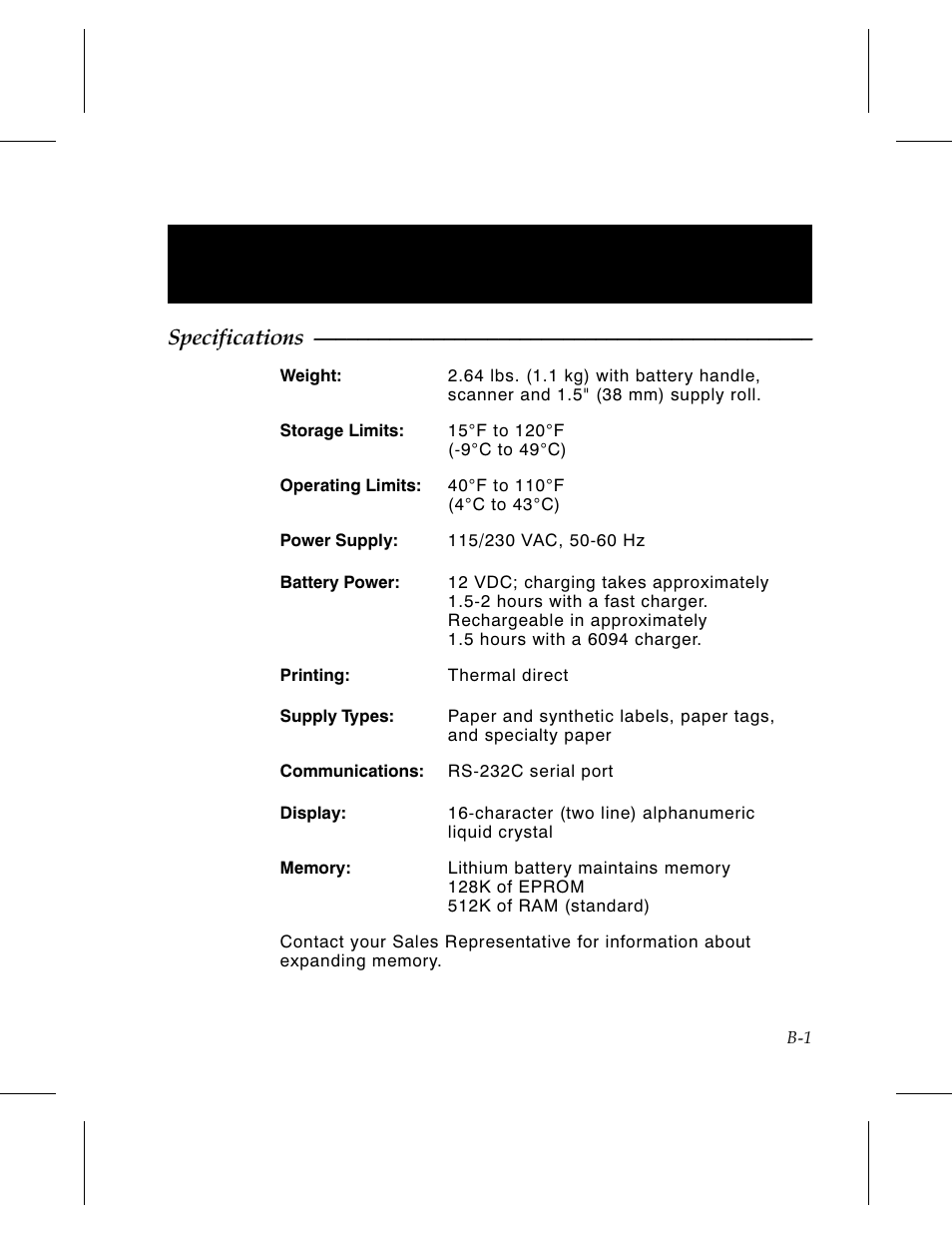 Appendix b. specifications and accessories b-1, Accessories b-1, Specifications b-1 | Appendix b | Avery Dennison 6030 Operator Handbook User Manual | Page 89 / 92