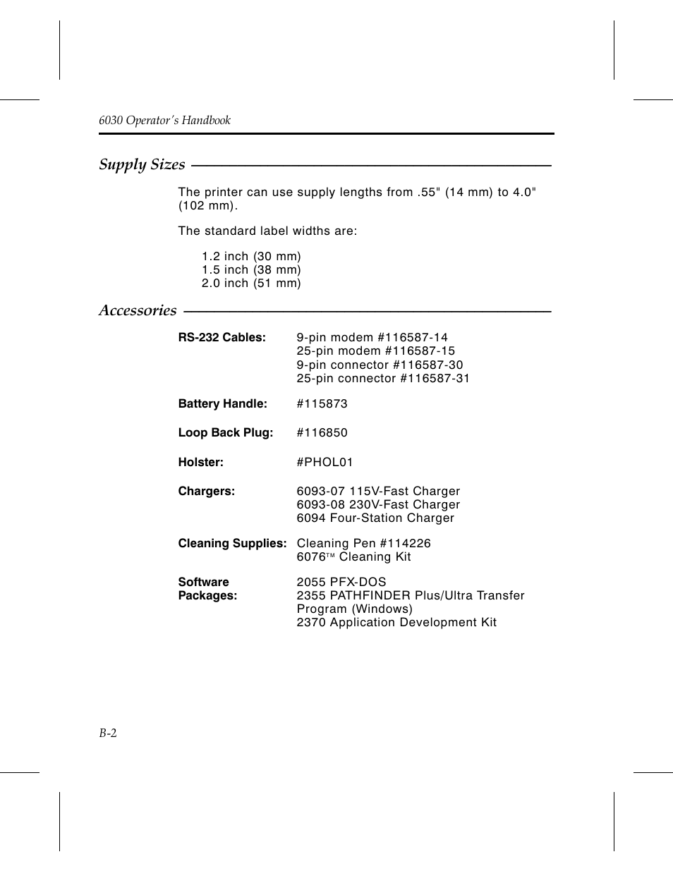 Supply sizes b-2, Accessories b-2, Supply sizes | Accessories | Avery Dennison 6030 Operator Handbook User Manual | Page 90 / 92