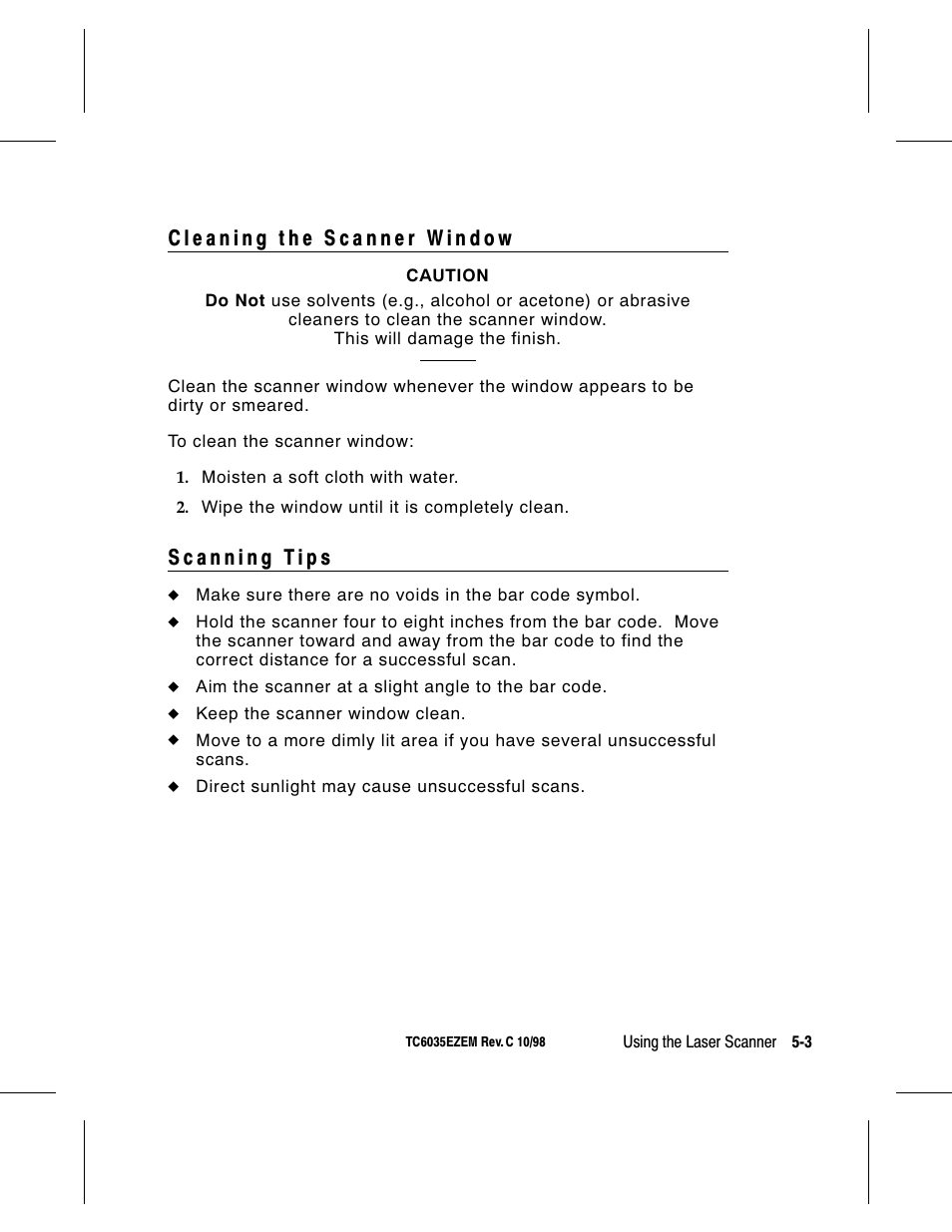 Cleaning the scanner window 5-3, Scanning tips 5-3, Cleaning the scanner window -3 | Scanning tips -3 | Avery Dennison 6035 Equipment Manual User Manual | Page 44 / 87