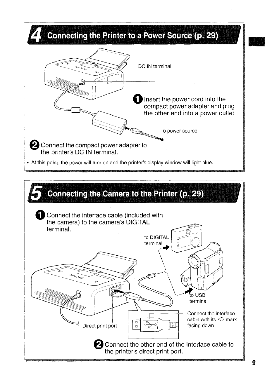 Connecting to power, Connecting a camera to printer | Canon SELPHY CP400 User Manual | Page 10 / 97