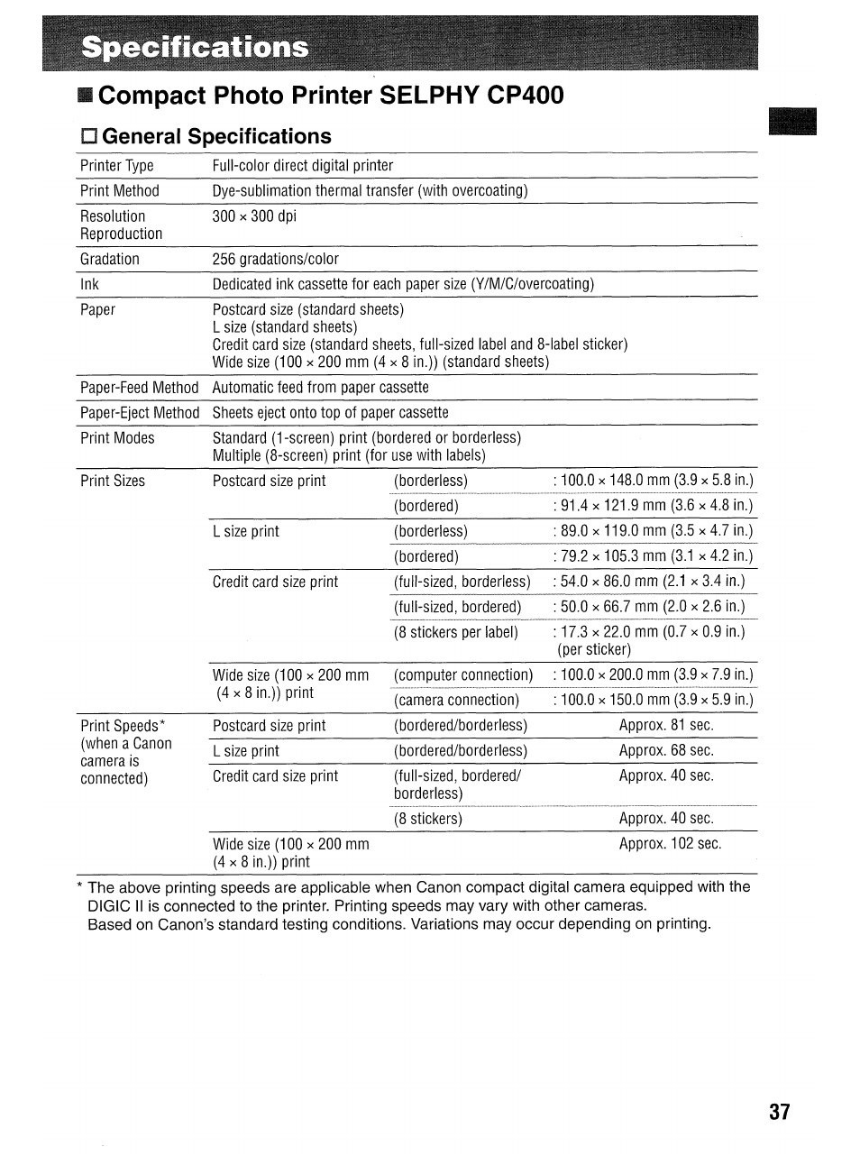 Specs | Canon SELPHY CP400 User Manual | Page 38 / 97