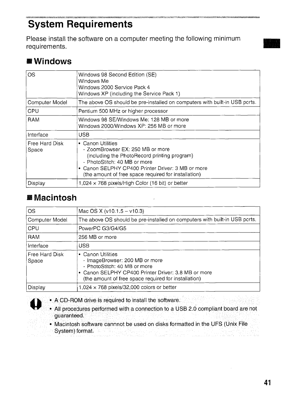 Pc system requirements | Canon SELPHY CP400 User Manual | Page 42 / 97