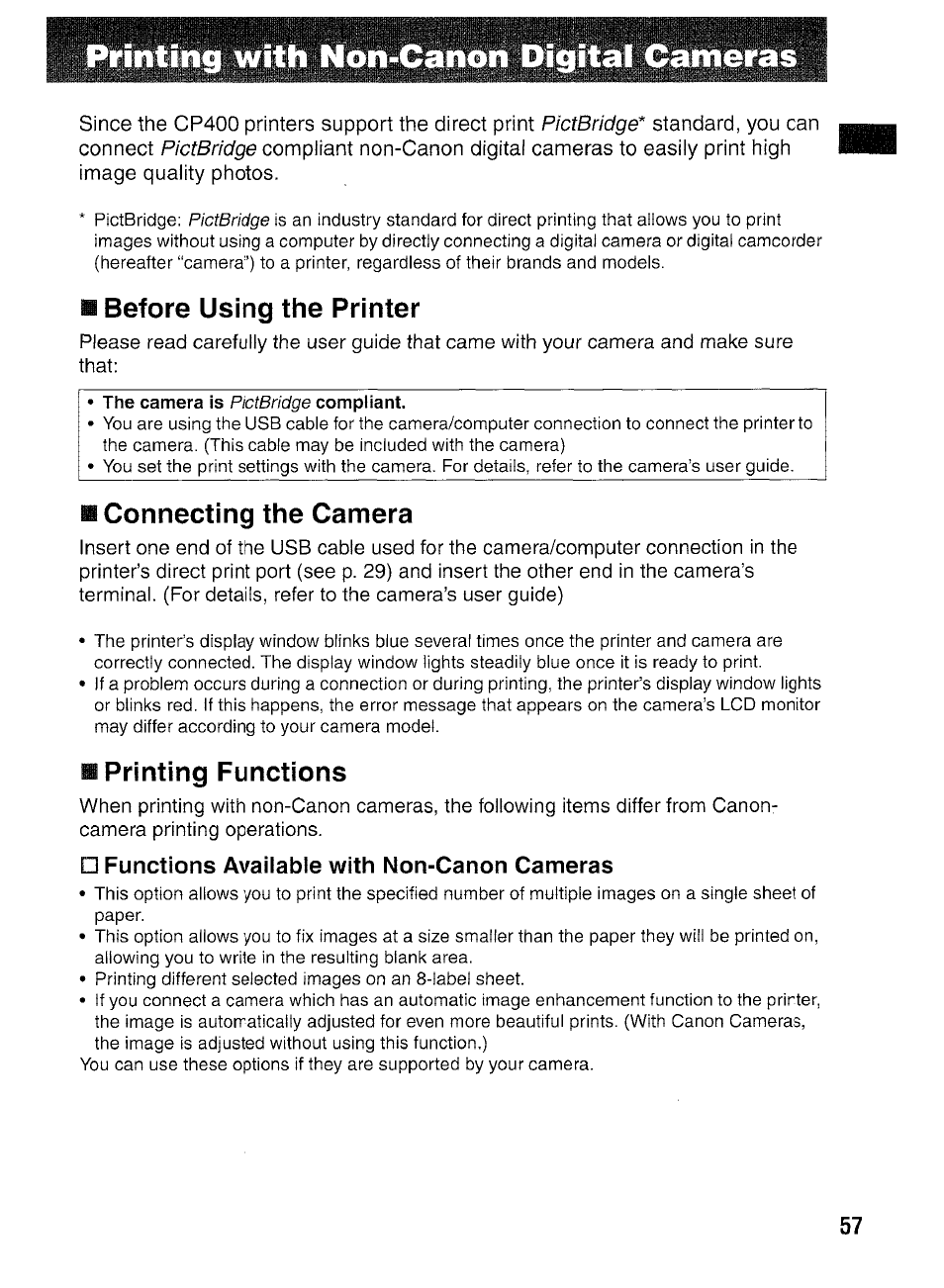 Using with non-canon cameras | Canon SELPHY CP400 User Manual | Page 58 / 97