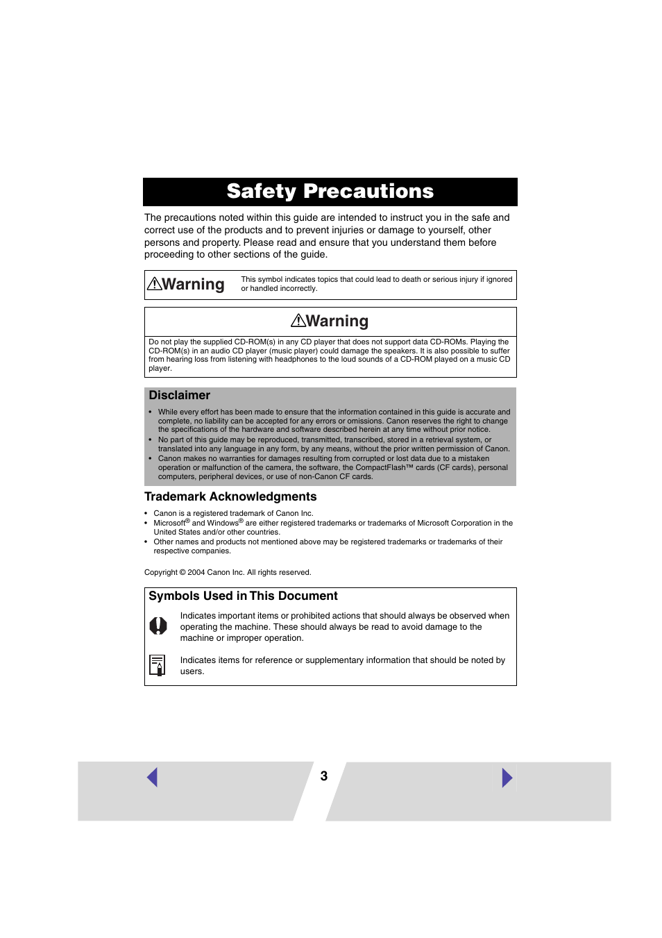 Safety precautions, Warning, Trademark acknowledgments | Disclaimer, Symbols used in this document | Canon SELPHY CP400 User Manual | Page 68 / 97