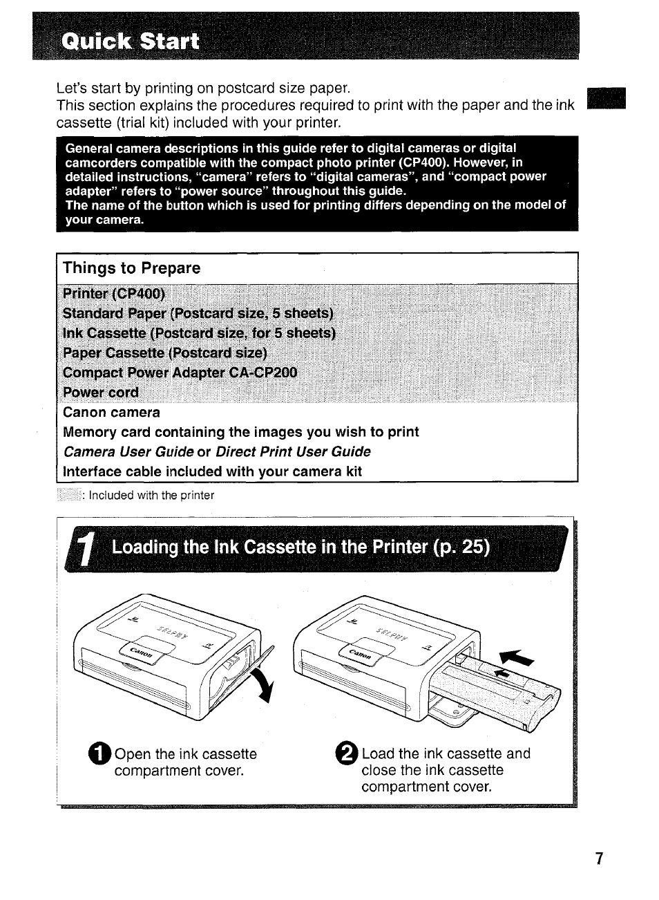 Quick start, Loading ink cassette into printer | Canon SELPHY CP400 User Manual | Page 8 / 97