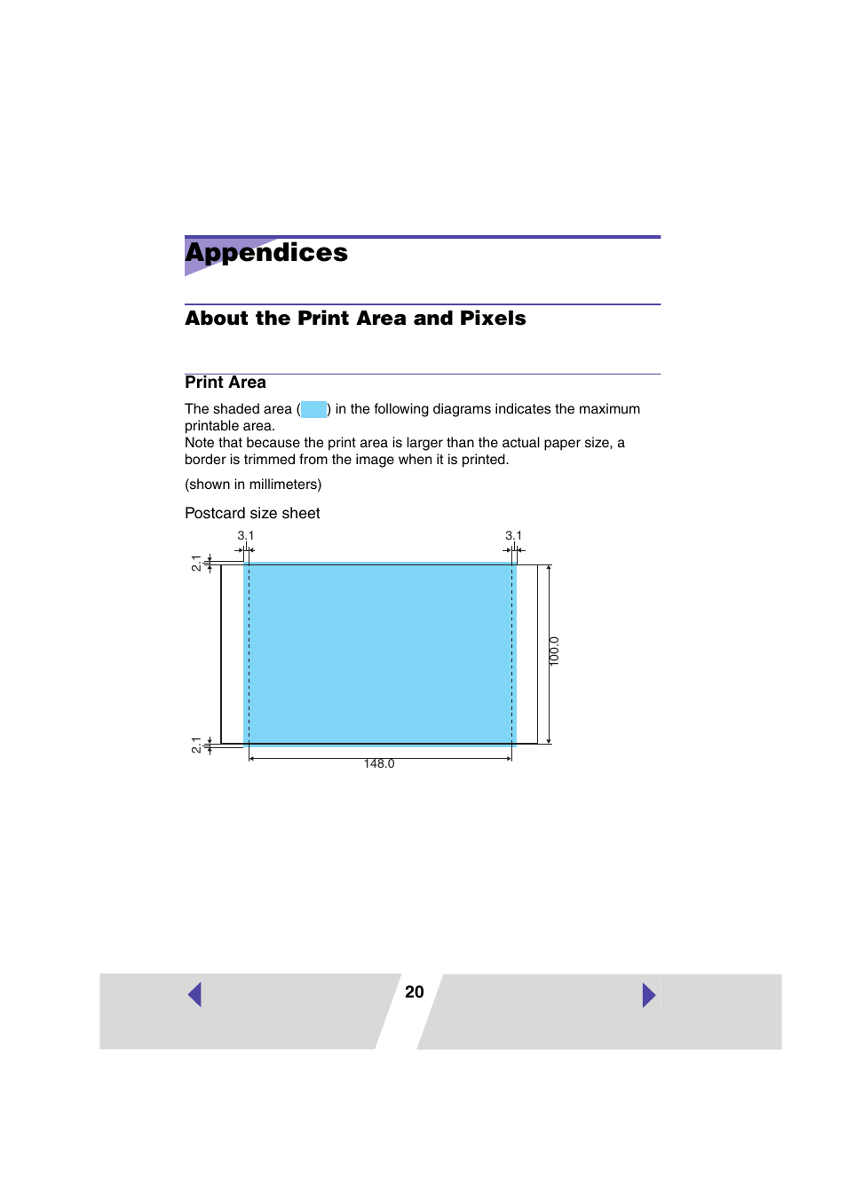 Appendices, About the print area and pixels, Print area | Canon SELPHY CP400 User Manual | Page 85 / 97