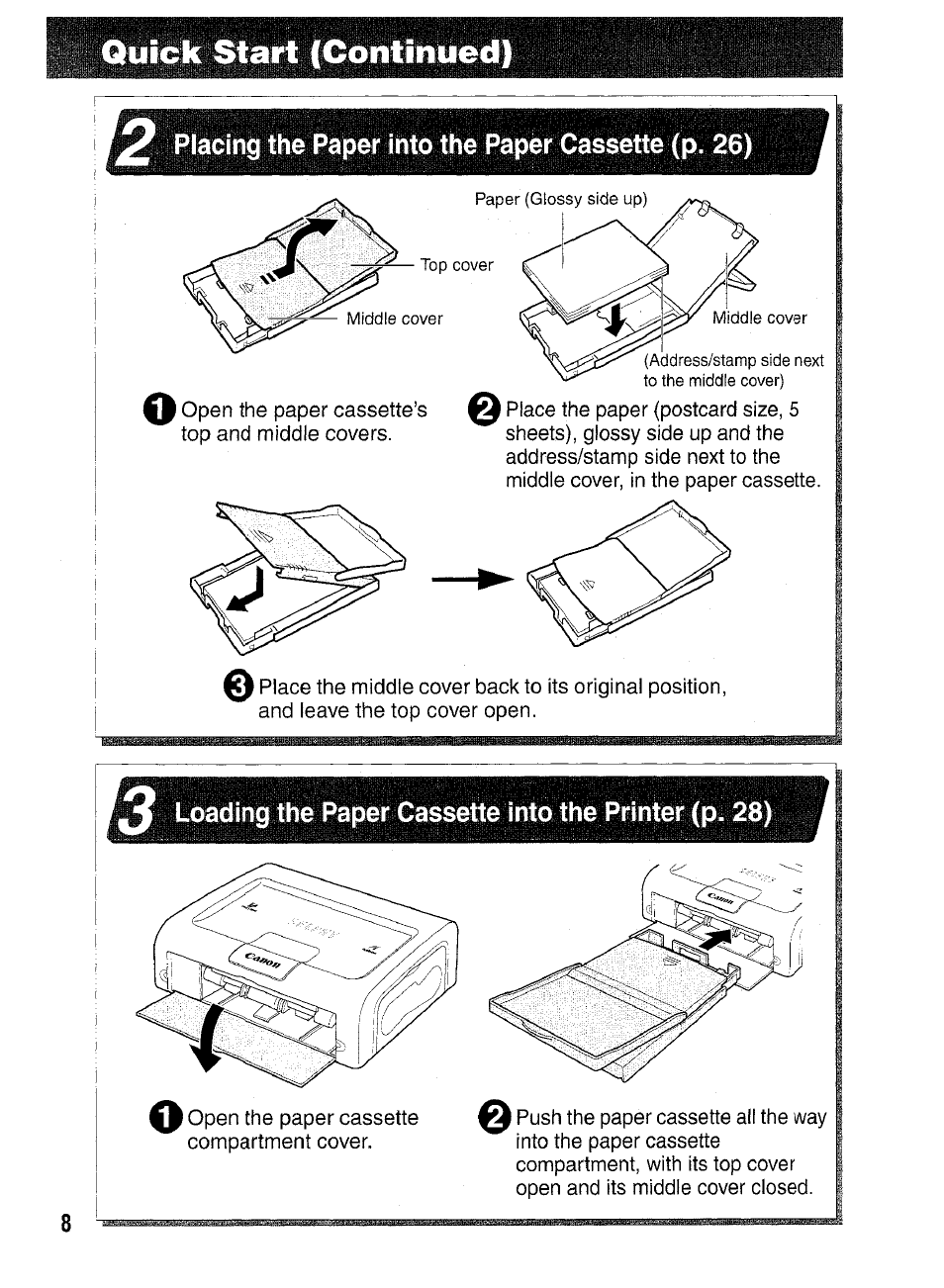 Placing paper into paper holder, Loading paper holder into printer | Canon SELPHY CP400 User Manual | Page 9 / 97