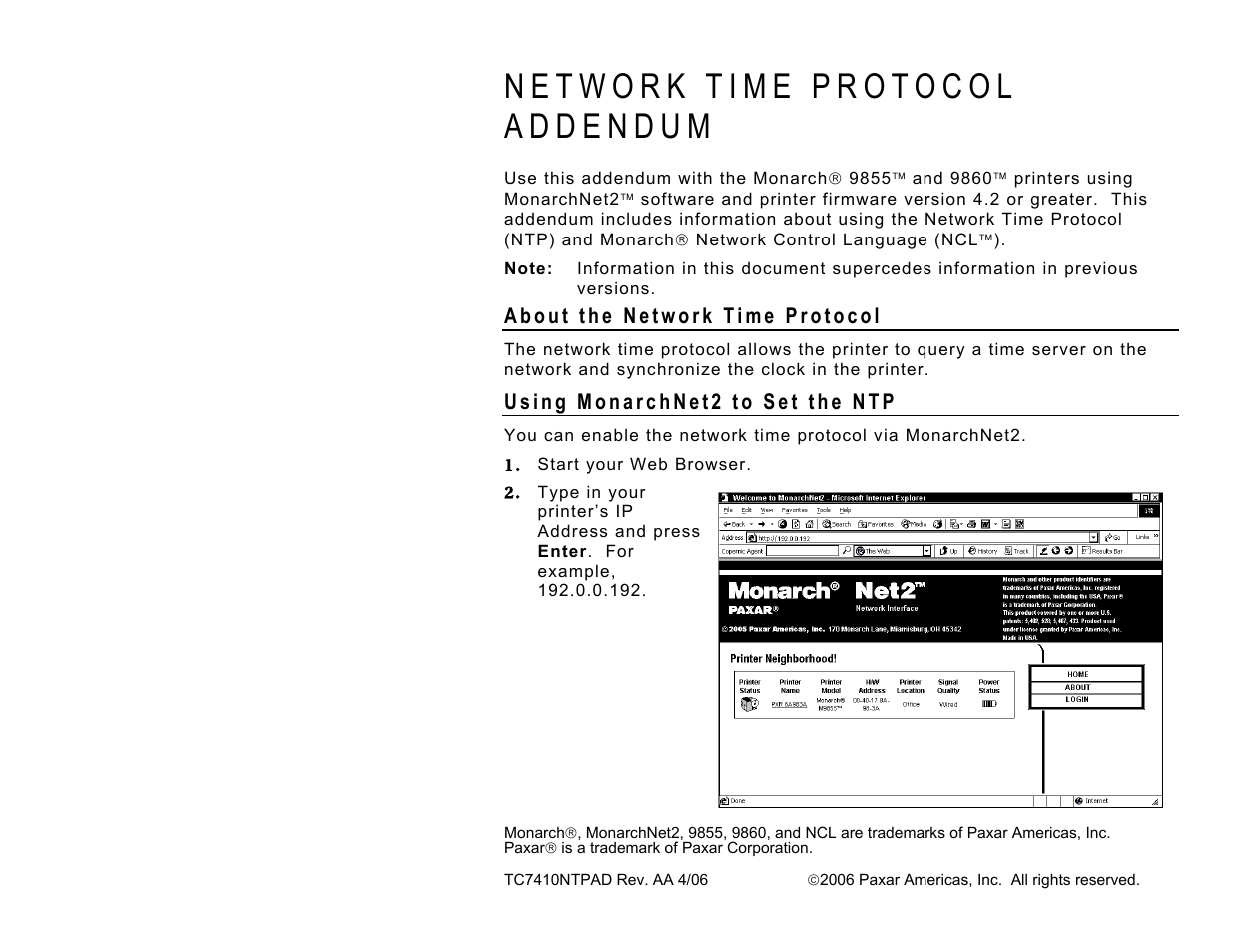 Avery Dennison 7410 Network Card Addendum User Manual | 8 pages