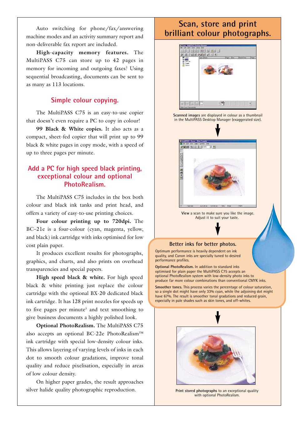 Scan, store and print brilliant colour photographs, Simple colour copying | Canon C75 User Manual | Page 4 / 6