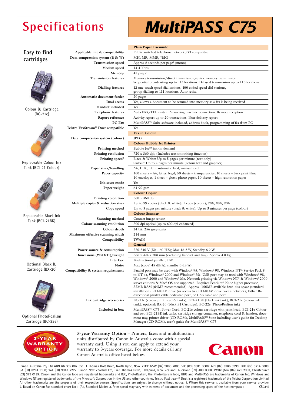 Specifications, Easy to find cartridges | Canon C75 User Manual | Page 6 / 6