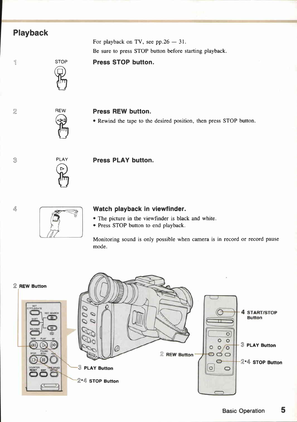 Basic operation, Recording, Attach battery pack | Press operate button, Load video cassette, Press start/stop button | Canon E800 User Manual | Page 17 / 79