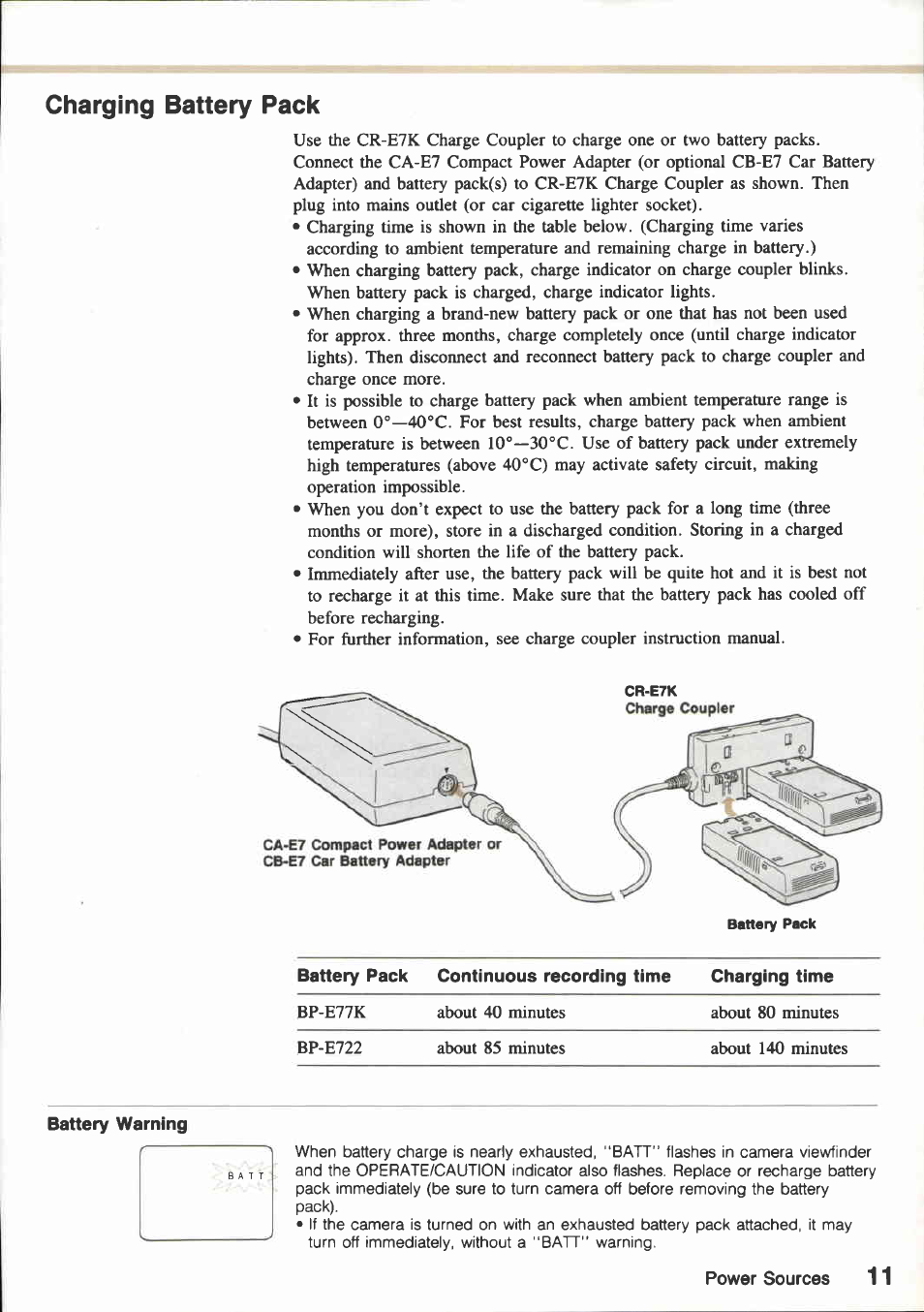 Power sources, Bp-e77k battery pack, Attaching battery pack | Slide battery pack into power source compartment, Press until it clicks and locks in place, Removing battery pack, Slide and hold ватт eject switch up, Pull battery pack out as shown | Canon E800 User Manual | Page 23 / 79