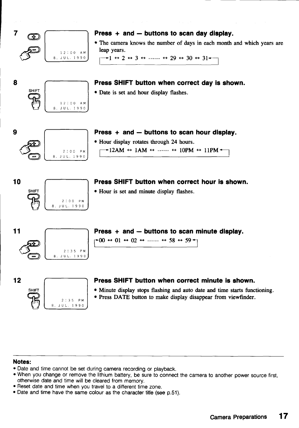 Camera preparations, Setting date and time, Press operate button | Press + and — buttons to scan year display, Press shift button when correct year is shown, Press + and — buttons to scan month display, Press shift button when correct month is shown | Canon E800 User Manual | Page 29 / 79