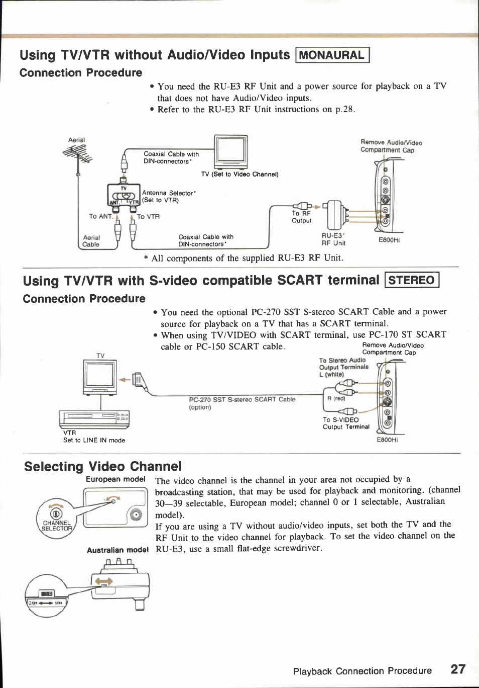 Playback connection procedure, Using tv/vtr with audio/video inputs i stereo, Using tv/vtr with audio/video inputs | monaural | Using tv/vtr with s-video input | stereo, Using tv/vtr with audio/video inputs, Stereo, Connection procedure | Canon E800 User Manual | Page 39 / 79