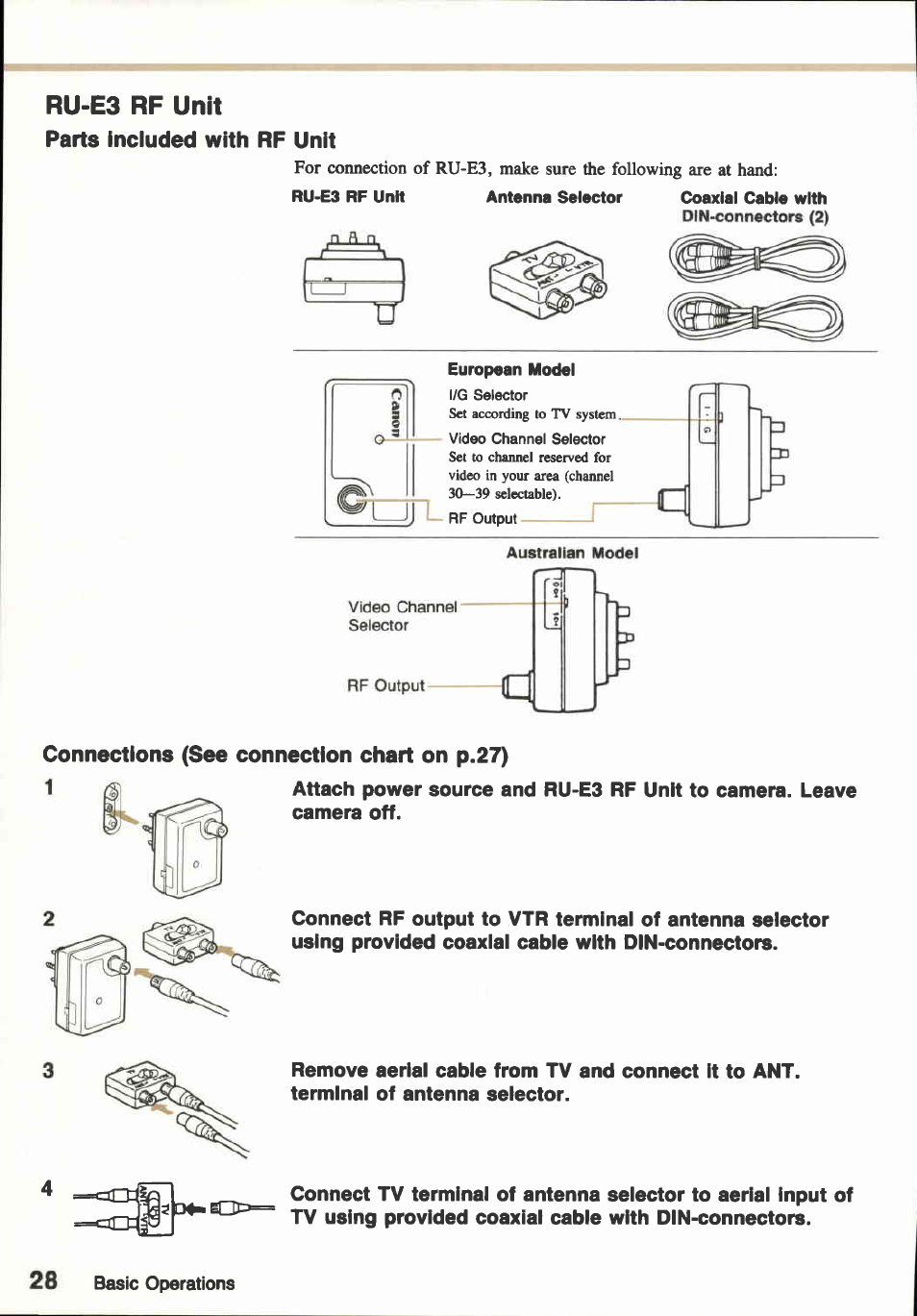 Connection procedure, Selecting video channel, Using tv/vtr without audio/video inputs | Canon E800 User Manual | Page 40 / 79