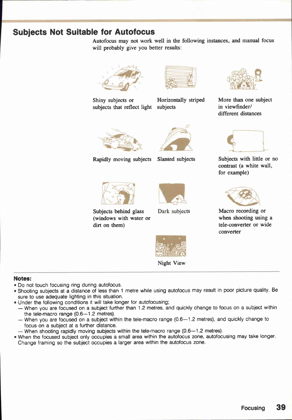 Focusing, Autofocus, Auto tracking focus | Manual focus | Canon E800 User Manual | Page 51 / 79