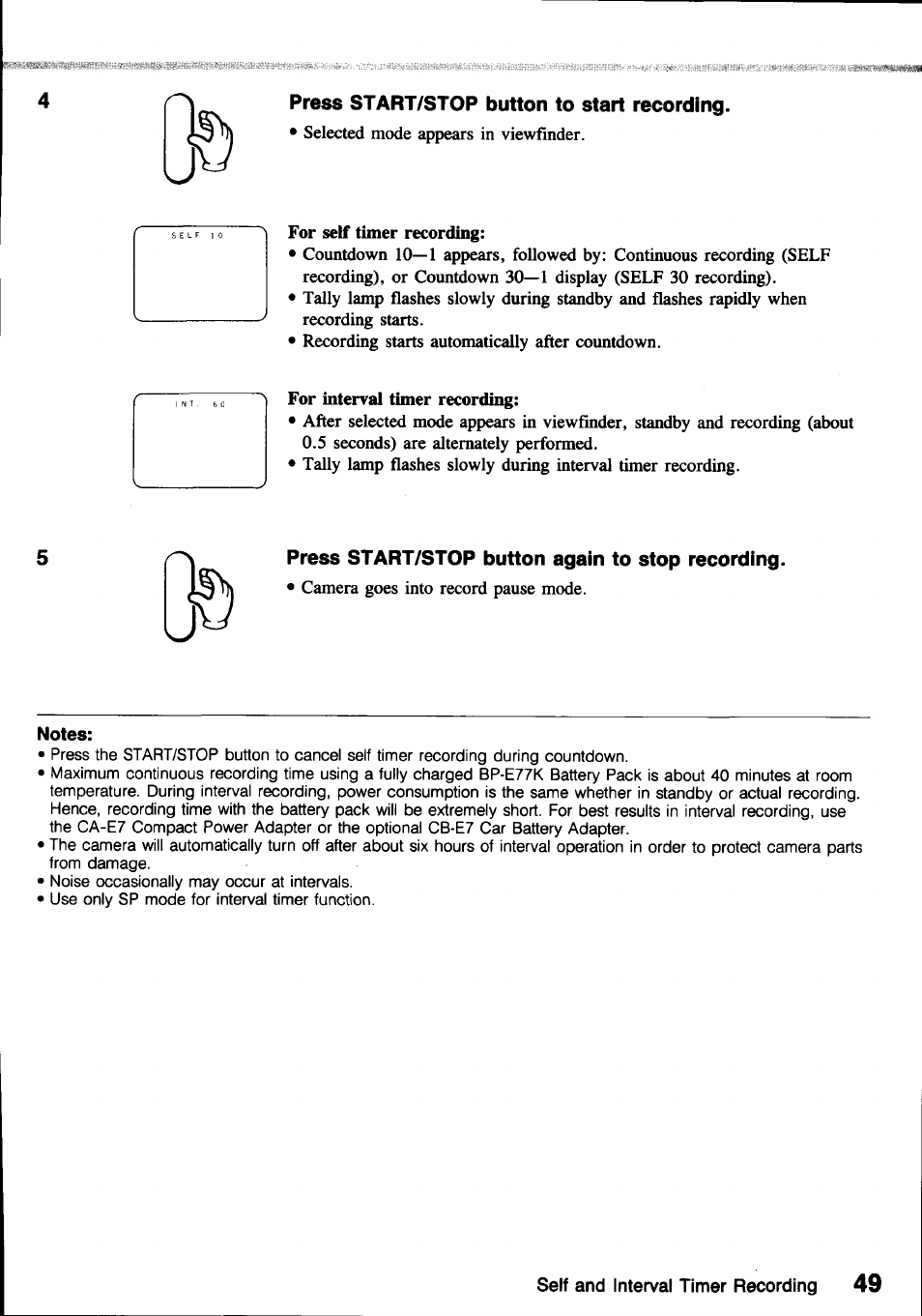 Self and interval timer recording, Place camera in record pause mode, Press + and - buttons to select desired mode | Canon E800 User Manual | Page 61 / 79