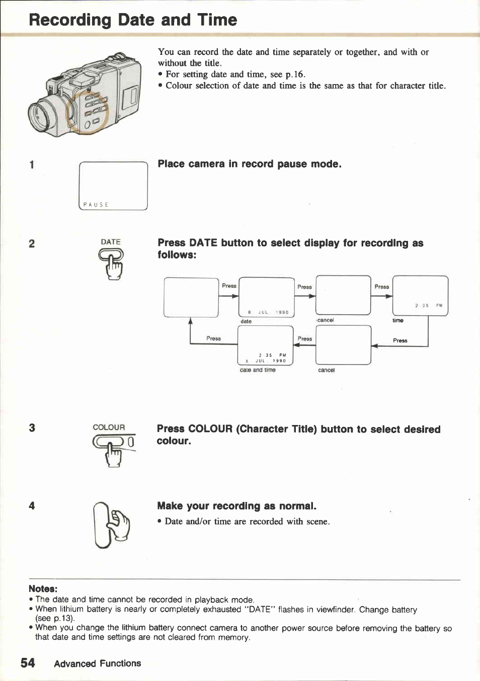 Recording titles, Place camera in record pause mode, Press start/stop button to start recording | Adjusting image density (digital title), O!sl 1 | Canon E800 User Manual | Page 66 / 79