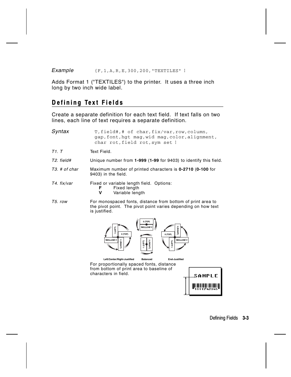 Example, Defining fields 3-3 | Paxar Monarch 9850 User Manual | Page 69 / 322