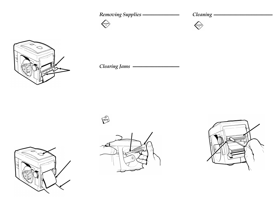 Removing supplies, Clearing jams, Cleaning | Avery Dennison 9450 RASCAL Rev.AB 1/01 Quick Reference User Manual | Page 2 / 2