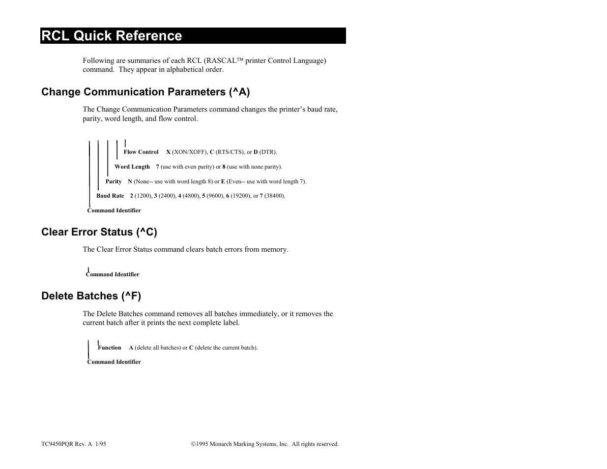 Avery Dennison 9450 RASCAL Rev.A 1/95 Quick Reference User Manual | 6 pages