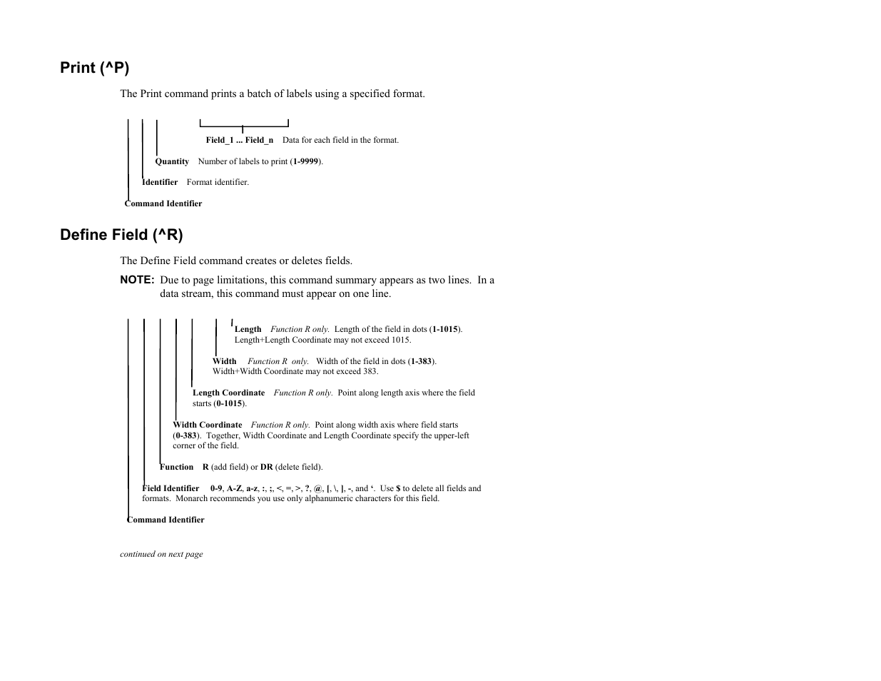 Print (^p), Define field (^r) | Avery Dennison 9450 RASCAL Rev.A 1/95 Quick Reference User Manual | Page 3 / 6