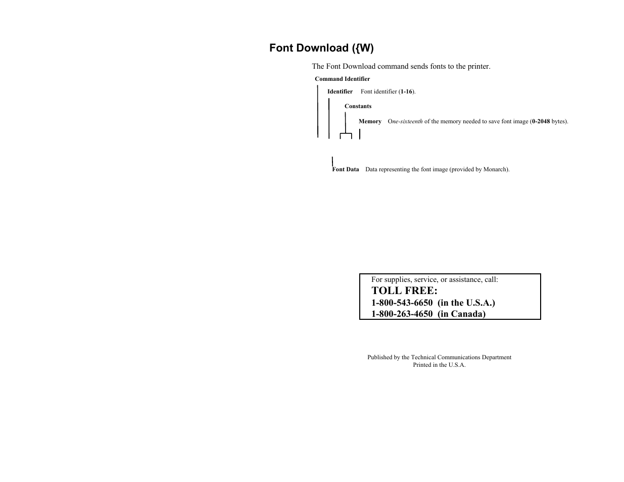 Font download ({w), Toll free | Avery Dennison 9450 RASCAL Rev.A 1/95 Quick Reference User Manual | Page 6 / 6