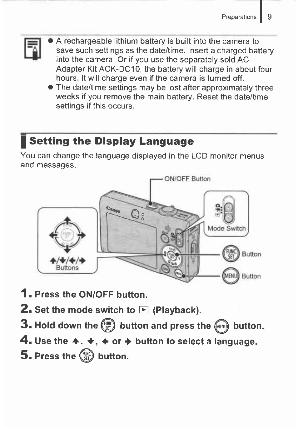 Set the mode switch to b (playback), Hold down the button and press the button, Use the 4 or 4 button to select a language | Press the button, I setting the display language | Canon IXUS 82IS User Manual | Page 11 / 36