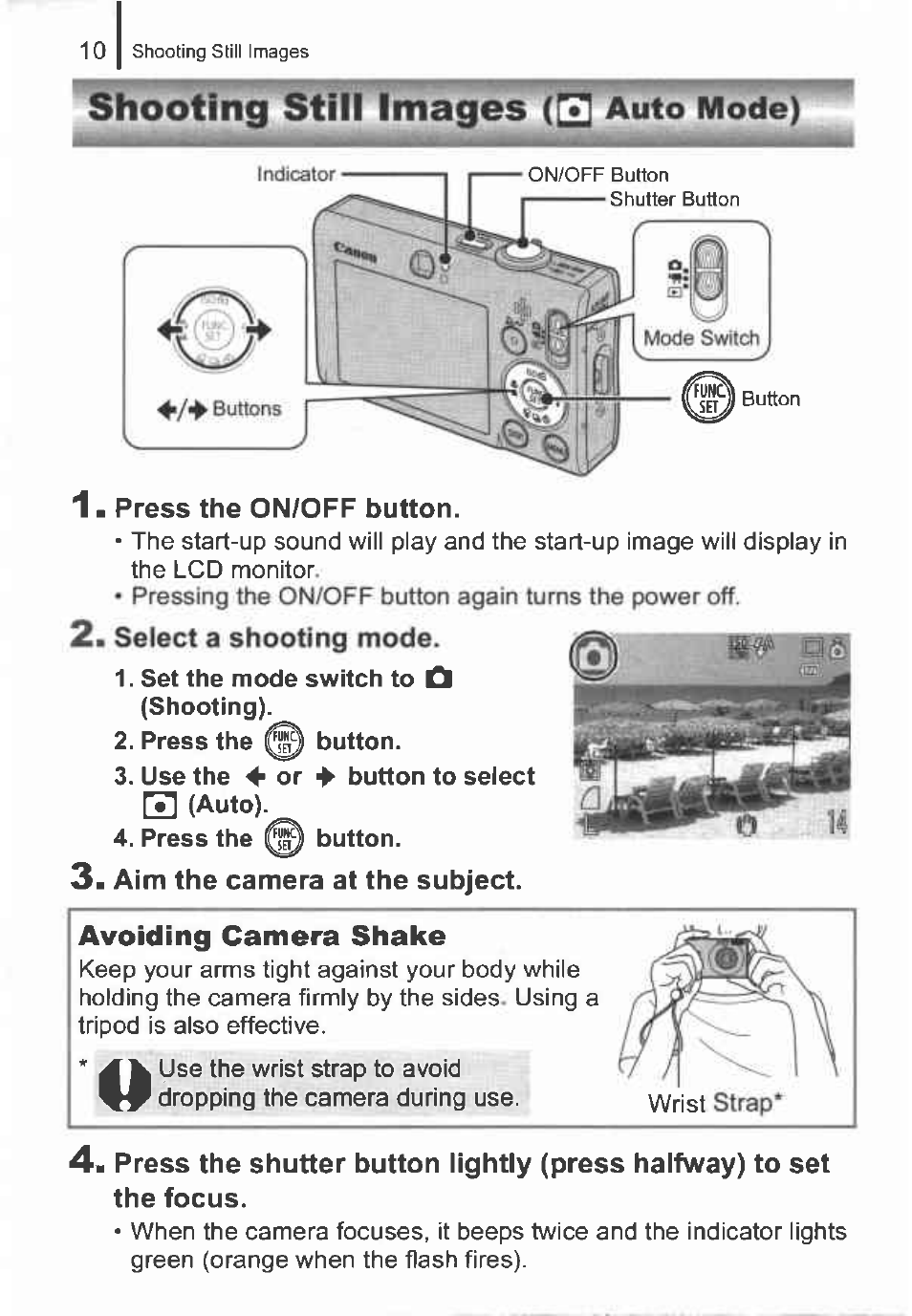 1 • press the on/off button, Select a shooting mode, Aim the camera at the subject | Shooting still images (q | Canon IXUS 82IS User Manual | Page 12 / 36