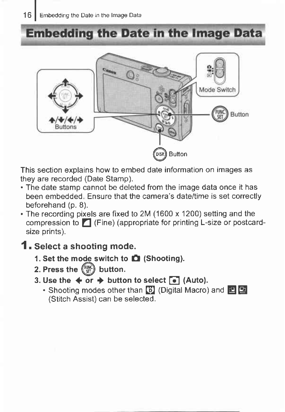 Embedding the date in the image data, 1 ■ select a shooting mode | Canon IXUS 82IS User Manual | Page 18 / 36