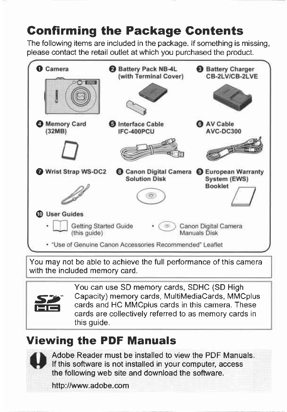 Confirming the package contents, Viewing the pdf manuais | Canon IXUS 82IS User Manual | Page 2 / 36