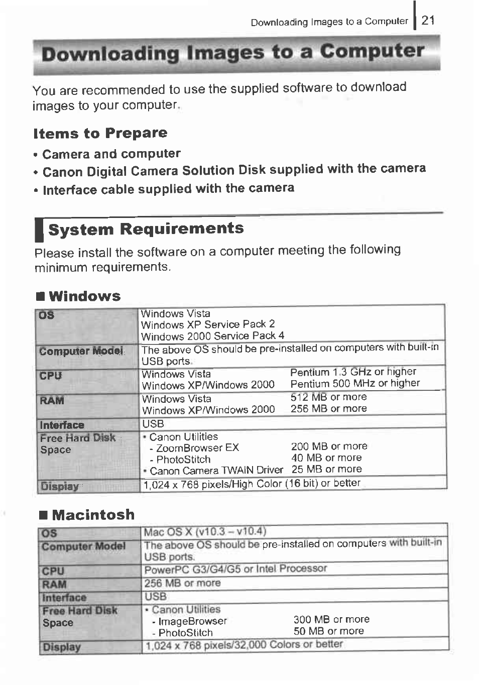 Downloading images to a computer, I system requirements, Items to prepare | Windows os, Macintosh os, Isam | Canon IXUS 82IS User Manual | Page 23 / 36