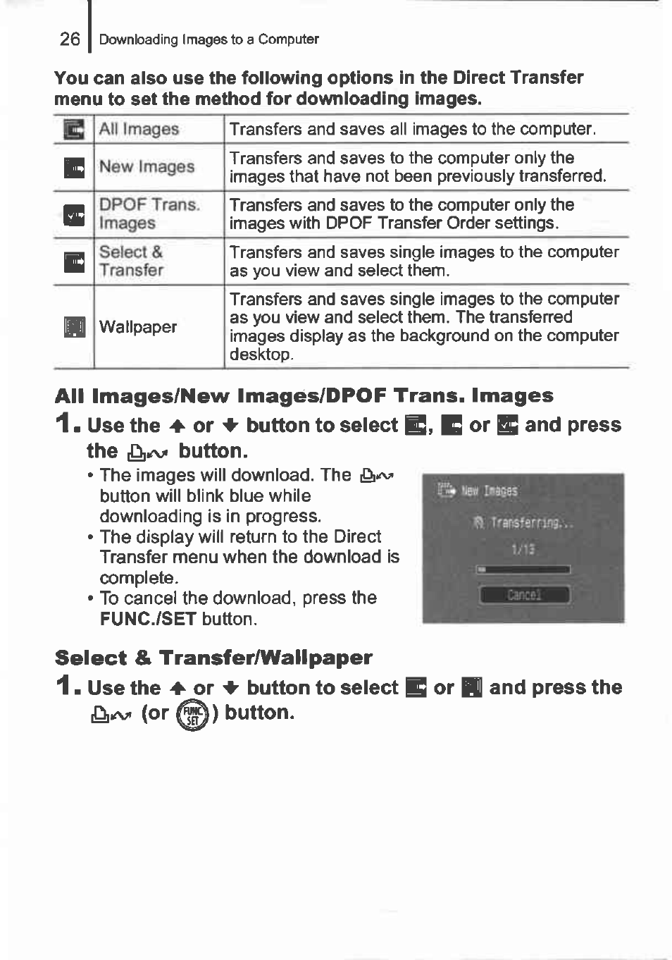 The button, Select & transfer/wallpaper | Canon IXUS 82IS User Manual | Page 28 / 36