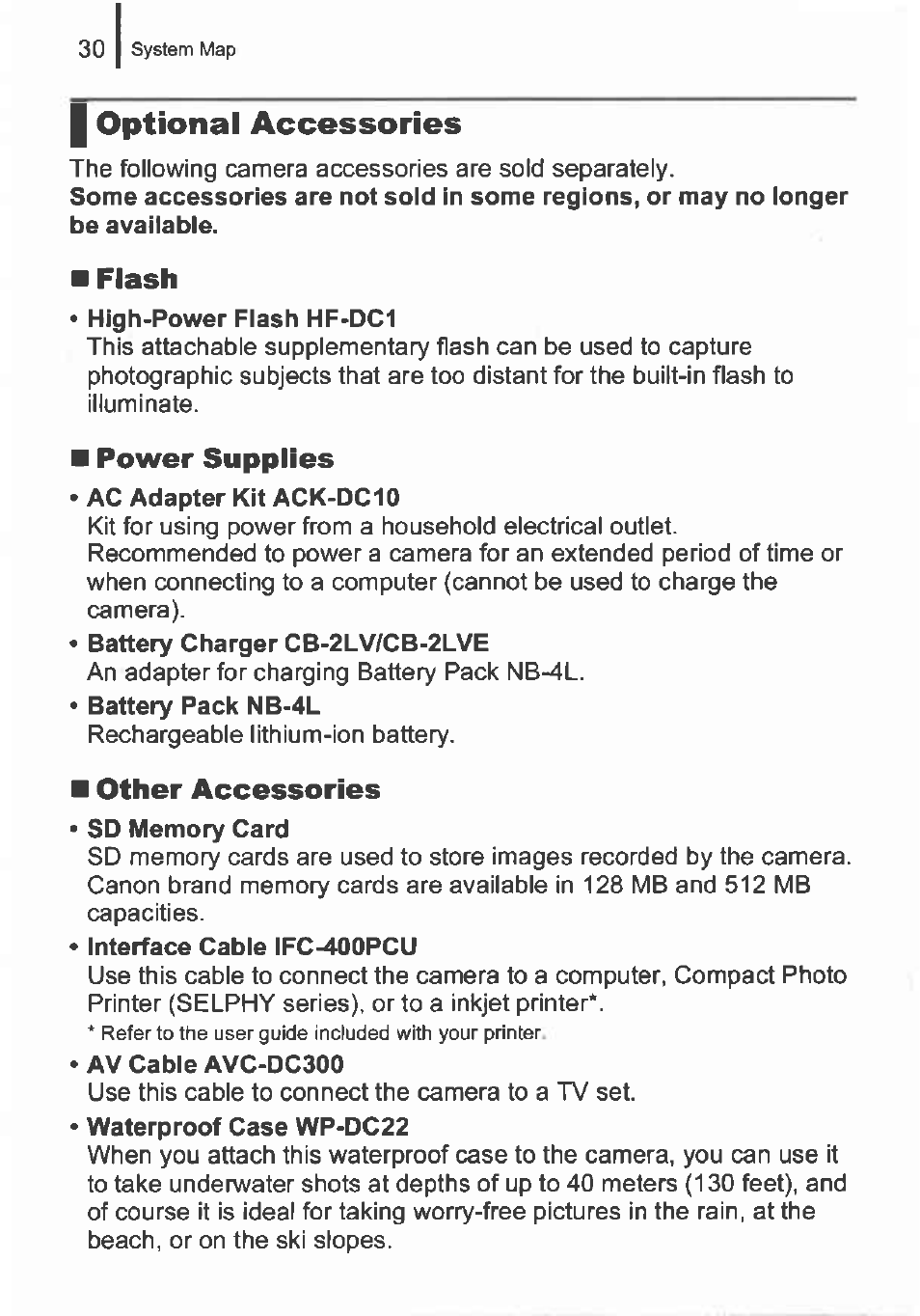 I optional accessories, Flash, Power supplies | Other accessories | Canon IXUS 82IS User Manual | Page 32 / 36