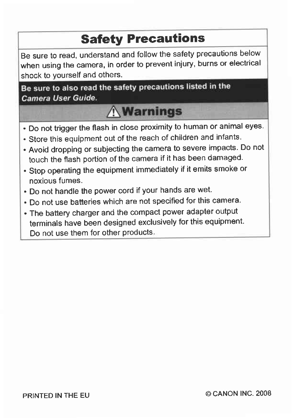 Safety precautions, Awarnings | Canon IXUS 82IS User Manual | Page 35 / 36