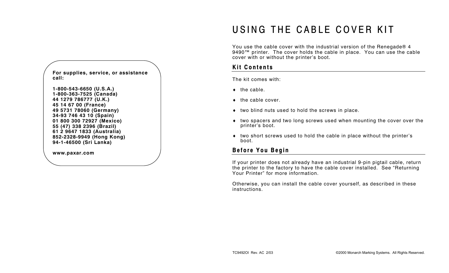 Avery Dennison Renegade 4 9490 Cable Cover Kit User Manual | 2 pages