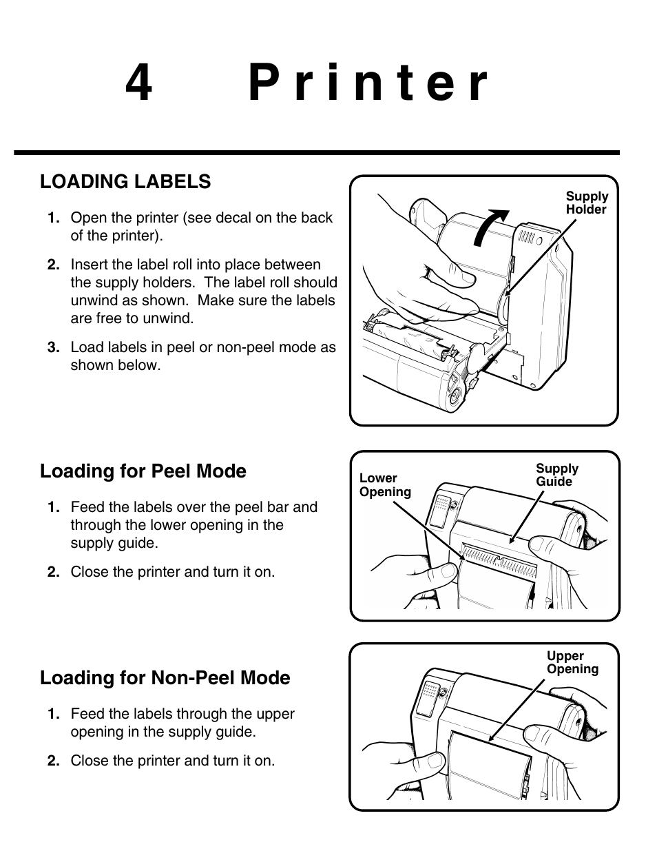 Loading labels, Loading for peel mode, Loading for non-peel mode | Avery Dennison Renegade 4 9490 Wall Chart User Manual | Page 3 / 4