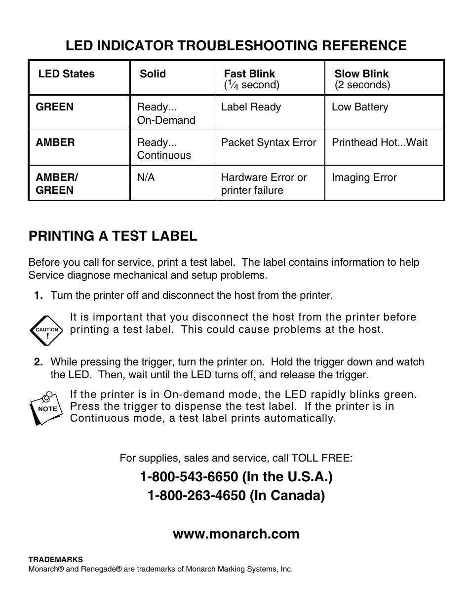 Led indicator troubleshooting reference, Printing a test label | Avery Dennison Renegade 4 9490 Wall Chart User Manual | Page 4 / 4