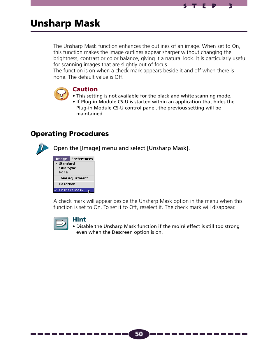 Unsharp mask, P. 50, Operating procedures | Canon N650U User Manual | Page 50 / 67