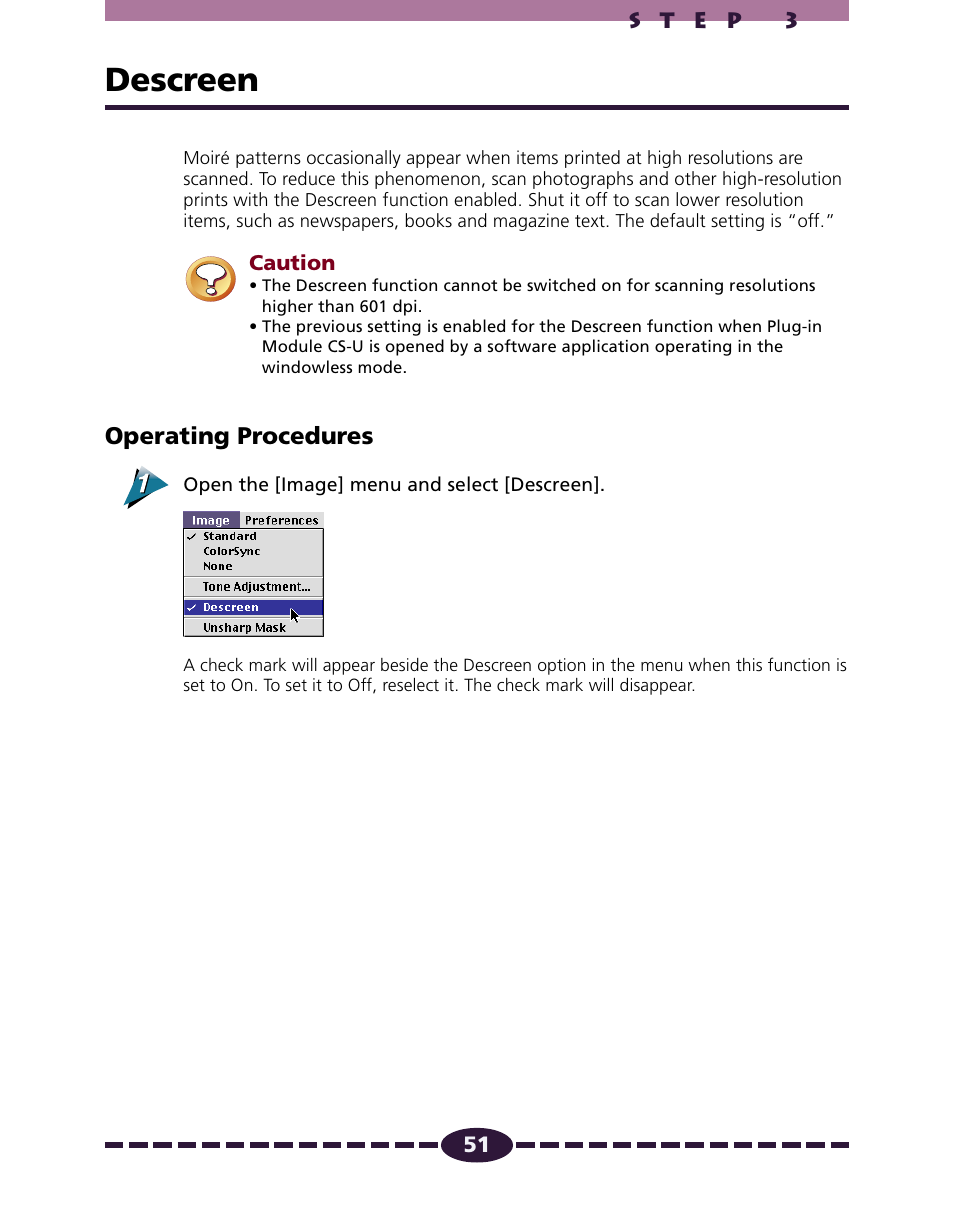 Descreen, P. 51, Operating procedures | Canon N650U User Manual | Page 51 / 67